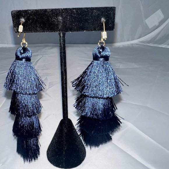 Navy Blue Tassel Earrings - Picture 2 of 4